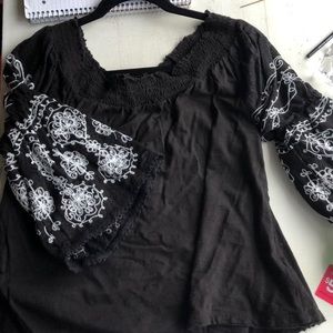 Free people black embroidered bell sleeve shirt S